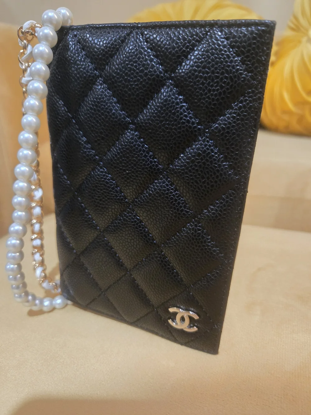 Chanel Black Quilted Passport Holder with Pearl-Chain